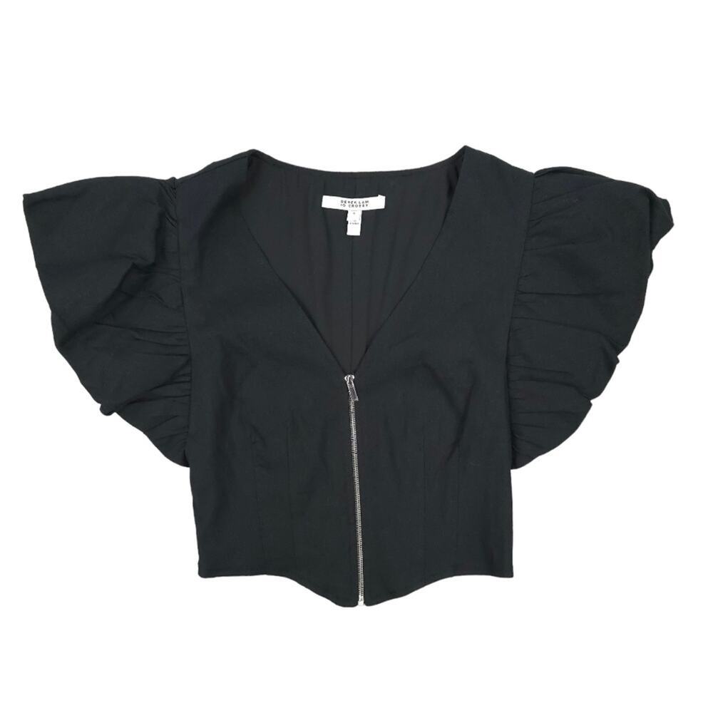 NWOT Derek Lam 10 Crosby Genna Puff Sleeve Front Zip Linen Blend Top Cropped - Picture 3 of 10